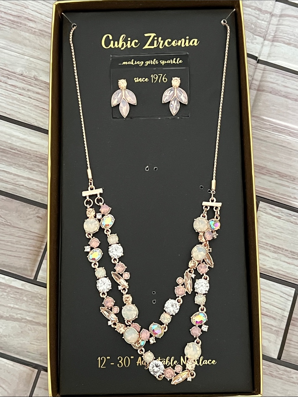 Rose Gold Pink Crystal Double Strand Necklace Set